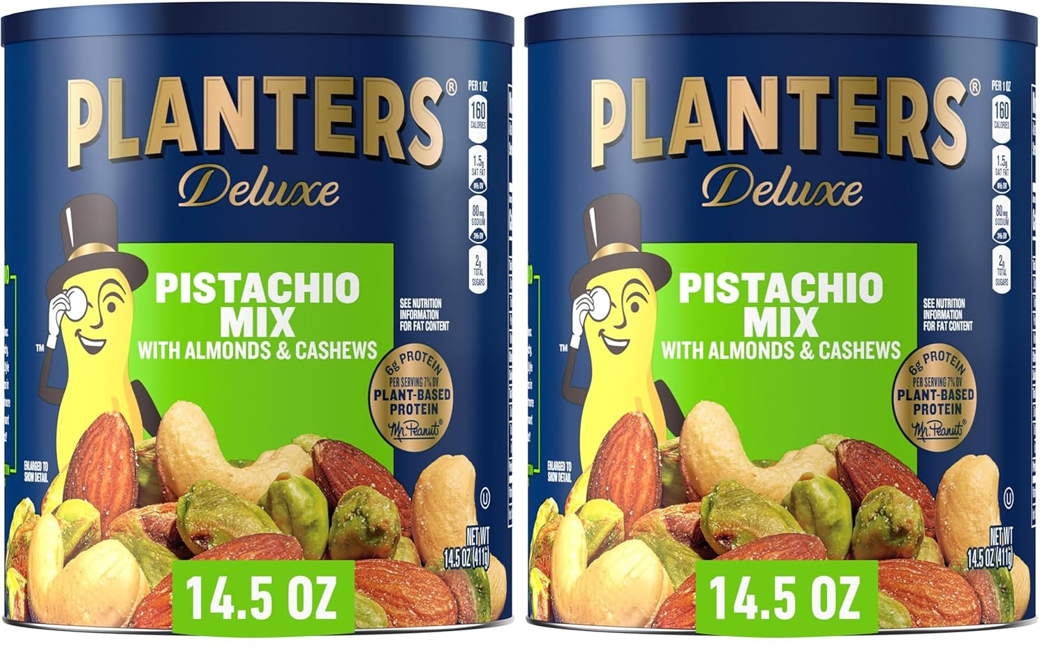 PLANTERS Deluxe Pistachio Mix, Party Snacks, Plant-Based Protein, 14.5 Oz Canister (Pack of 2)