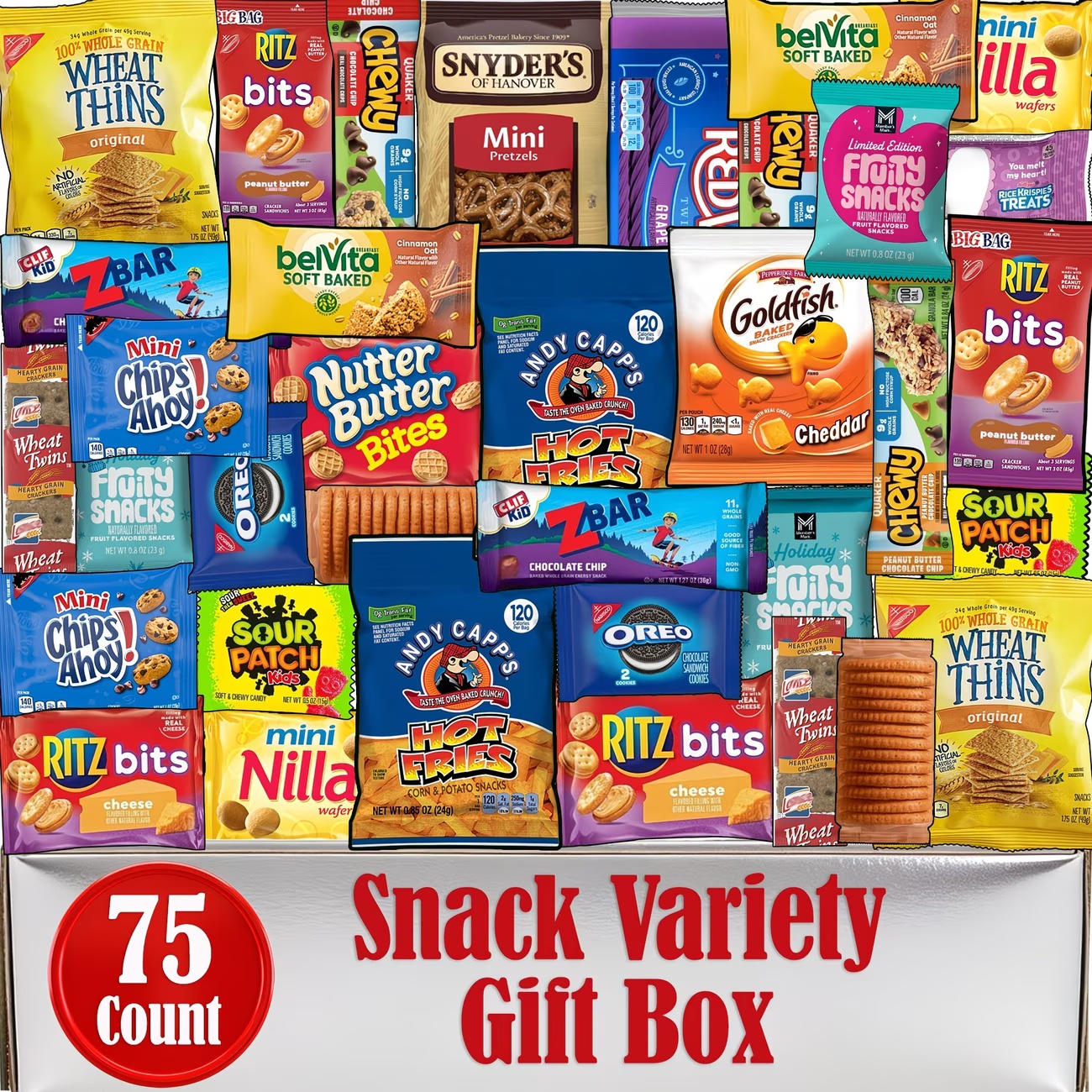 Snack Box For Adults Variety Pack-75 Count-Snack and Candy Gift Basket, Care Package with Assorted Individually Wrapped Snacks and Candies, for Adults, Kids, College Students, Road Trips, Office Snacks