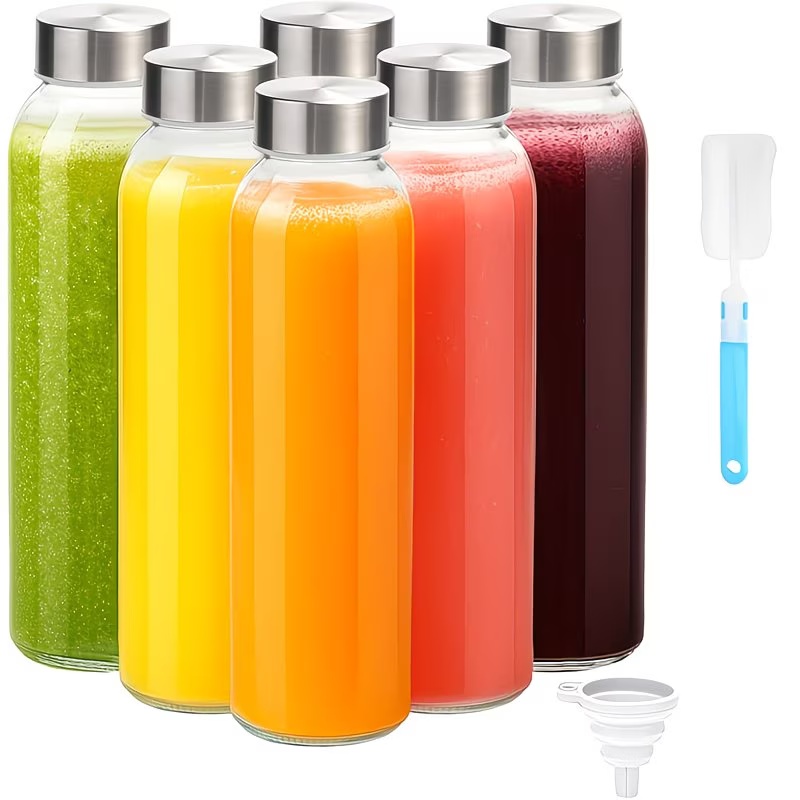 Glass Bottles with Lids 18oz, Reusable Glass Water Bottles with Stainless Steel Cap for Juicing, Refrigerator, 100% Leak Proof, Set Of 6