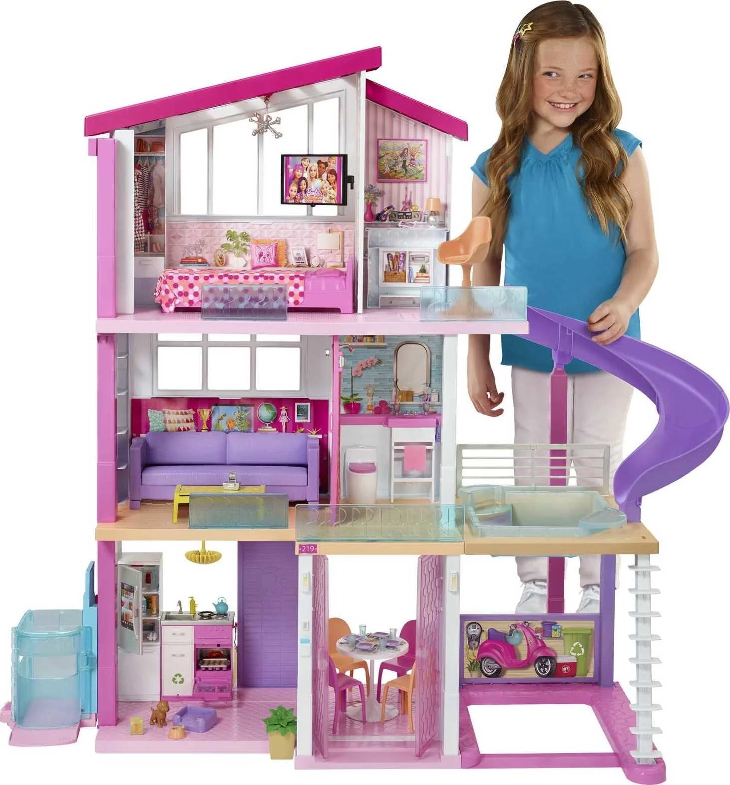 Barbie DreamHouse Dollhouse with Elevator, Pool, Lights & 70+ Accessories �� 3-Story Playset