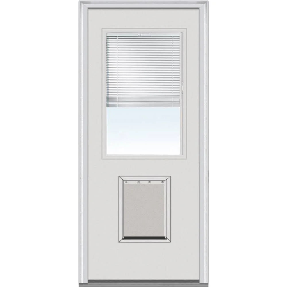 National Door Company Steel Exterior Door, Primed, 1/2 Lite with Clear Glass Internal Blinds & Pet Door, Right Hand Inswing, 32�测��x80�测��