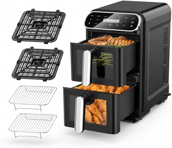 Hot Air Fryer, 2 Chambers, 11 L, Space-Saving Vertical Double Chamber, 2 x 5.5 L Airfryer with Viewing Window, SYNC & DUAL, 9 Programmes, 2460 W, Dishwasher-Safe Baskets