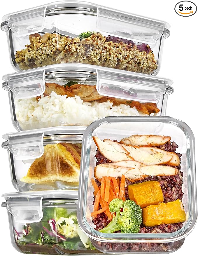 5Pack 22oz Glass Storage Containers with Lids, Glass Meal Prep Food Container Sets with Snap Airtight Lids for Microwave, Oven, Freezer and Dishwasher, Grey