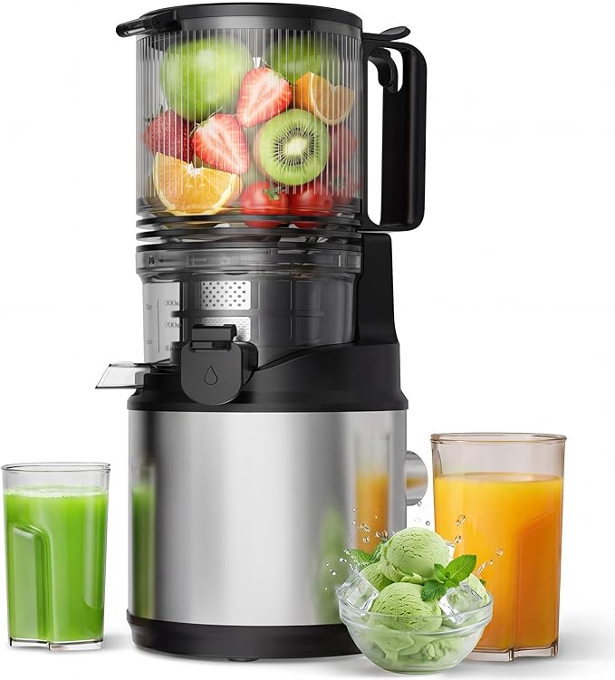 Juicer - Juicer with Wide Filling Chute | 250 W Cold Press Juicer for Whole Fruits & Vegetables | Slow Juicer with Double Filter Easy to Clean (Silvery)